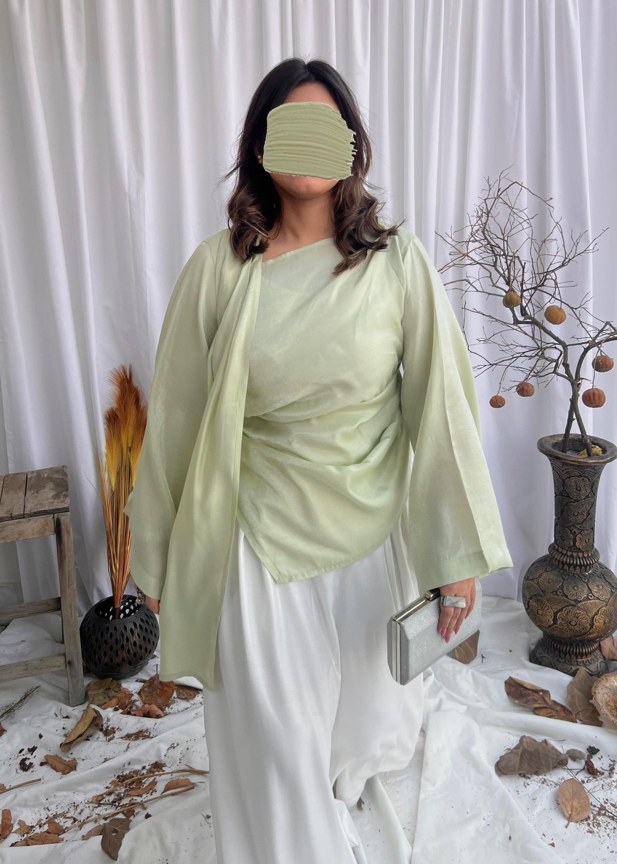 lava silk short pleated top with flowy pants
